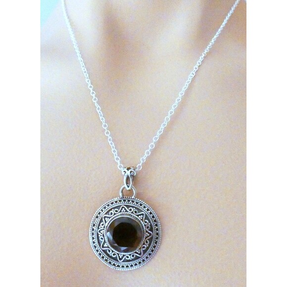 Smoky Quartz Sterling Silver Bali Style Handmade Pendant - Picture 2 of 5